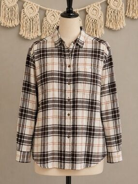 GAP Womens Casual Brown and Ivory Plaid  Shirt